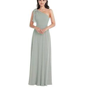 NEW After Six Draped One-Shoulder Maxi Dress with Scarf Bow in Willow Green, Siz
